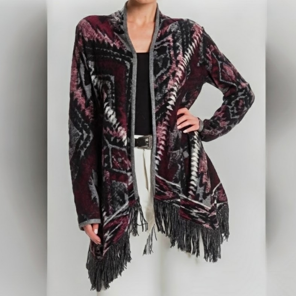 Lucky Brand Aztec Print Western Fringe Open Cardigan Size Small
